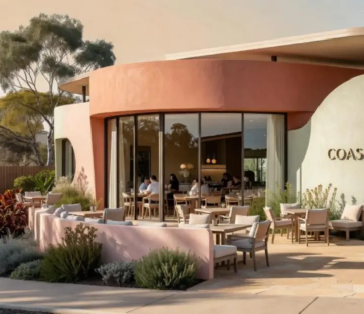 Sunlit exterior of The Quiet Bluff restaurant in Australia