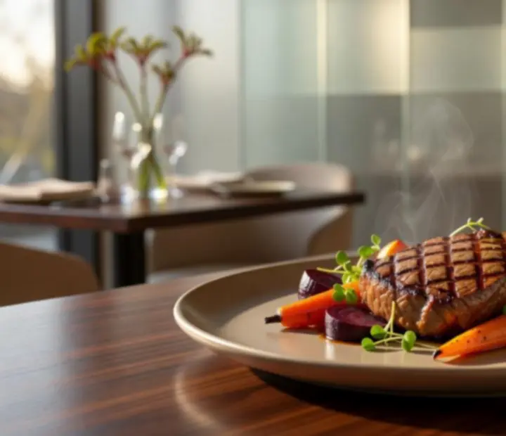 Chargrilled Australian steak plated with seasonal sides
