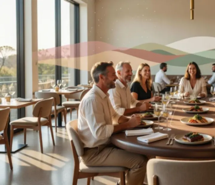 Sunlit Australian restaurant interior with guests enjoying dinner around a poker table