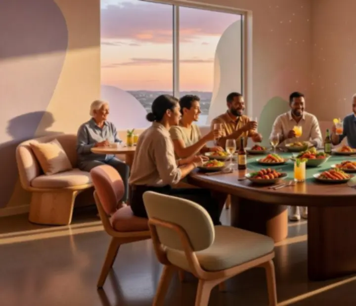Guests sharing dinner and playing friendly poker around a communal table at The Quiet Bluff.