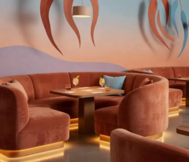 Curved, pastel-toned lounge interior set for poker and dining at The Quiet Bluff.