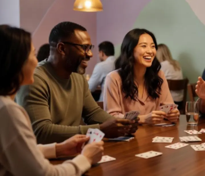 Guests enjoying a relaxed, social poker night at a restaurant table